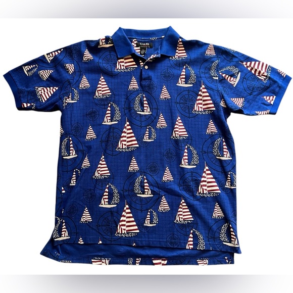 Cutter & Buck Sport Mens Sz XLT Nautical‎ All Over Print USA Sailboat Polo Shirt - Picture 1 of 3